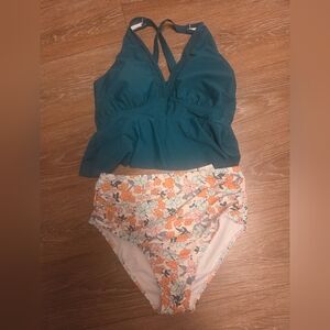 Nwot Teal and Orange Bikini Set with High-Waisted Bottoms
